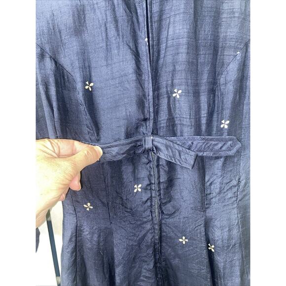 Vintage 50s Navy Fit And Flare Silk Dress 3/4 Dolman Sleeves Size Small - Picture 4 of 11
